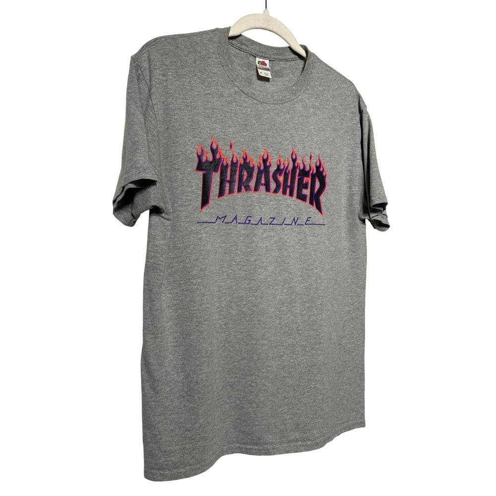 VTG 90's Thrasher‎ Magazine Flame Logo Print Fruit Of The Loom T-Shirt Gray Sz M